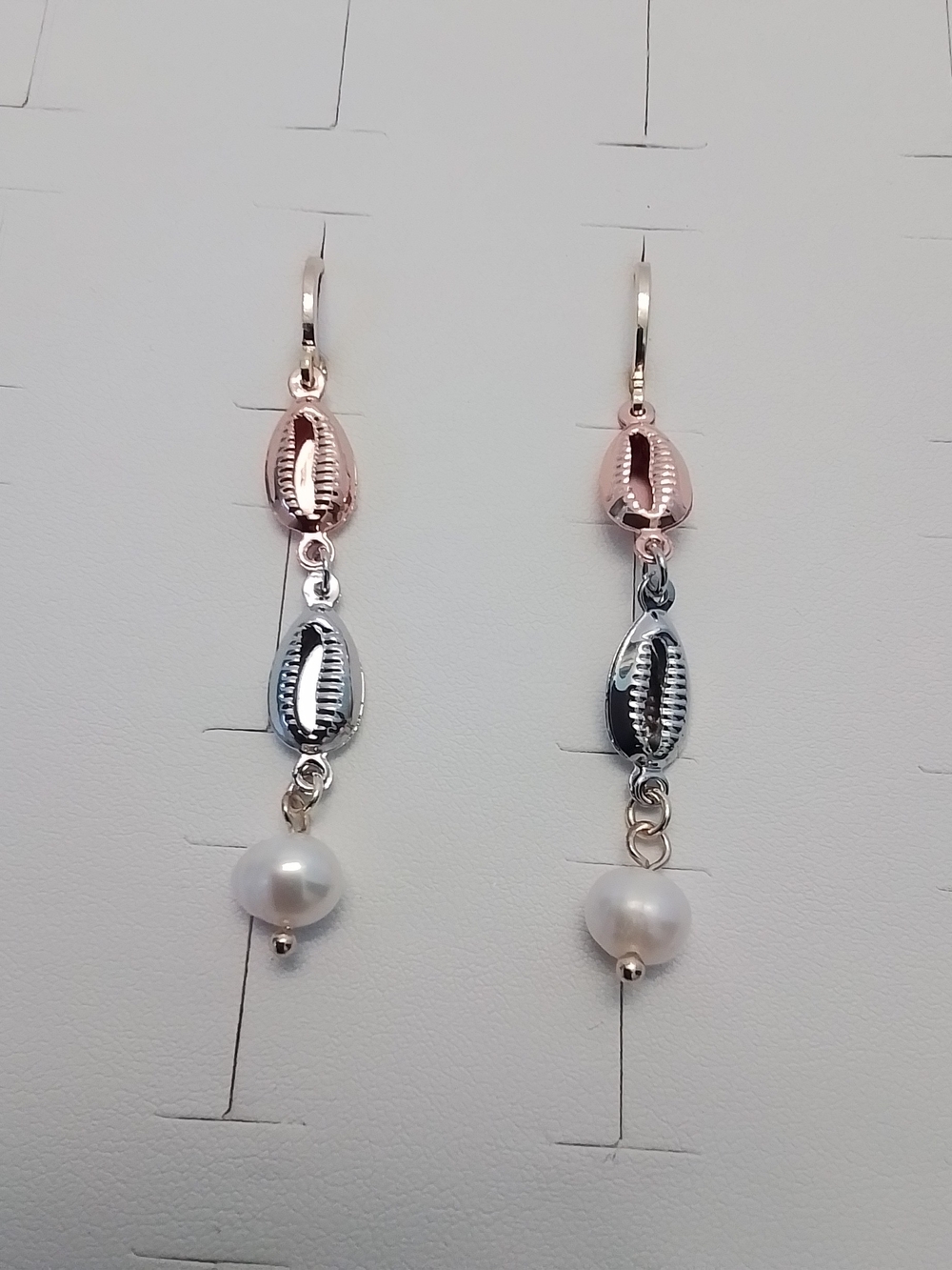Yellow, Rose And White Gold Cowrie Shell Drop Earrings with White Pearl